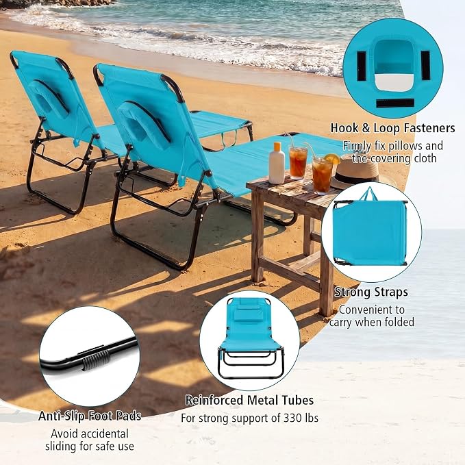 GYMAX Tanning Chair, 330lbs Beach Lounge Chair with Face Hole, Detachable Washable Pillow & Carry Strap, Adjustable Folding Chaise Lounge, Layout Chair for Outside, Patio, Poolside, Lawn (1, Arctic)