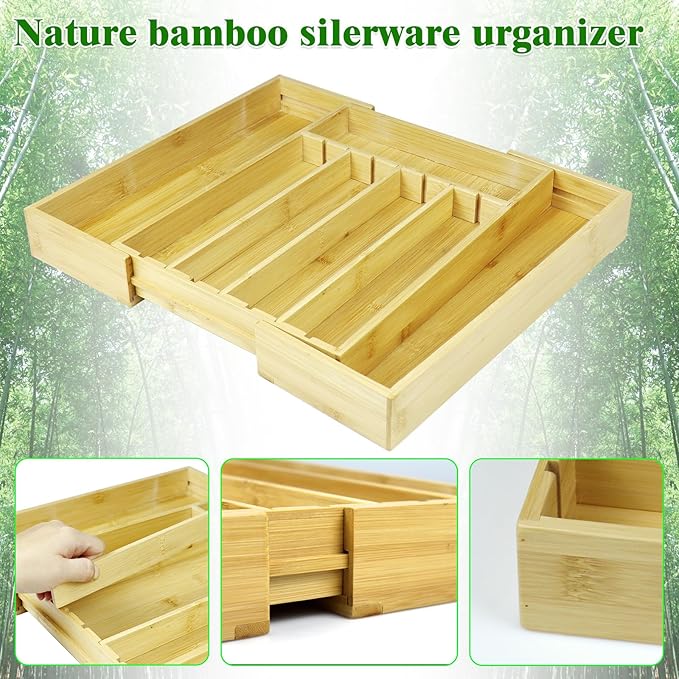 Kitchen Bamboo Silverware Drawer Organizer - Expandable Utensil Organizer for Flatware, Adjustable Cutlery & Knives. Ideal Utensil 7 Slots Total Drawer Organizer for Kitchen, Natural
