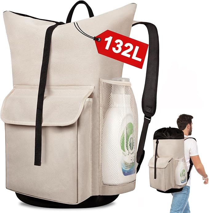 Laundry Backpack Bag, 132L Extra Large Heavy Duty Laundry Backpack for College Dorm Essentials, Laundry Hamper Travel Bag with Shoulder Straps and Mesh Wash Bags for Laundromat, Apartment Khaki