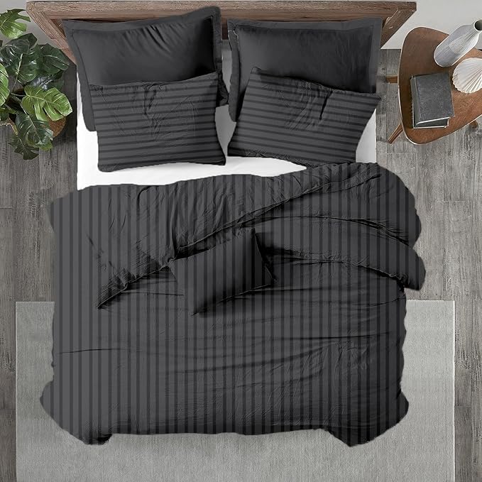 Kotton Culture 1 Pc Custom Size Duvet Cover Only -100% Egyptian Cotton Sateen 600 Thread Count Ultra Soft Premium Durable Comforter Cover Zipper Closure & Corner Ties (Striped Dark Grey, Custom)