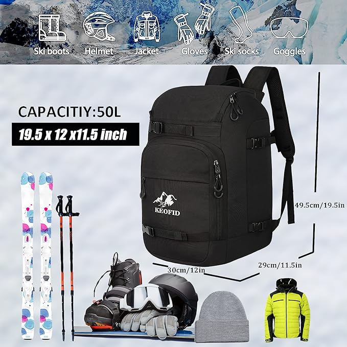 KEOFID 50L Ski Boot Bag Backpack, Waterproof Ski Bag, Travel Backpack for Ski Helmet, Snowboard