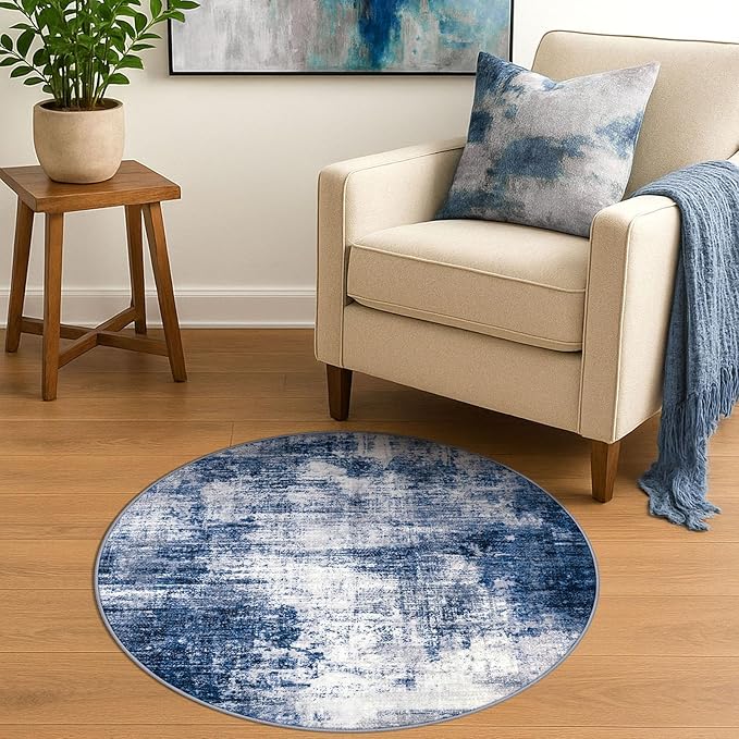IOHOUZE Round Area Rug 3 Ft Circle Entryway Rugs Round Washable Door Mat Indoor Entrance, Non Slip Circle Front Door Rug, Printed Abstract Faux Wool Floor Carpet for Foyer Porch Sink, Navy/Grey