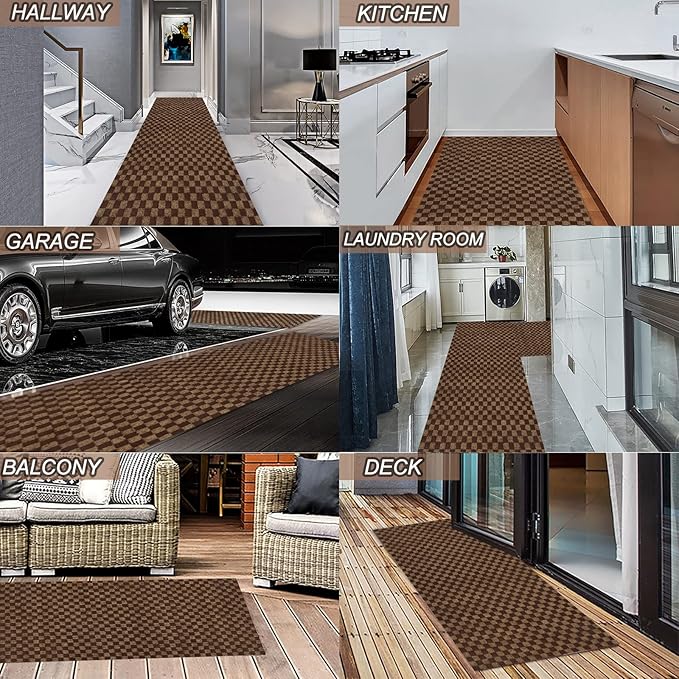 2' x 9' Runner Rugs with Rubber Backing, Indoor Outdoor Utility Carpet Runner Rugs, Checkered Brown, Can Be Used as Aisle for The RV and Boat, Laundry Room and Balcony