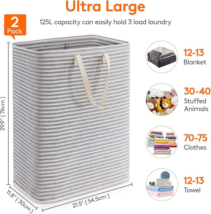 Lifewit 2 Pack Laundry Hamper Large Collapsible Laundry Baskets, Freestanding Waterproof Clothes Hamper with Easy Carry Handles in Laundry Room Bedroom Bathroom College Dorm for Adults, Grey, 2 x 125L