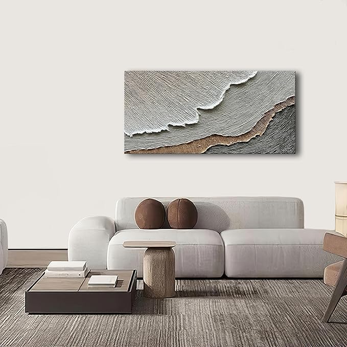 NANKAI Thick Texture Abstract Oil Painting Hand-Painted Beach Wave Landscape Oil Painting Family Wall Decorative Art 24x48 Inch