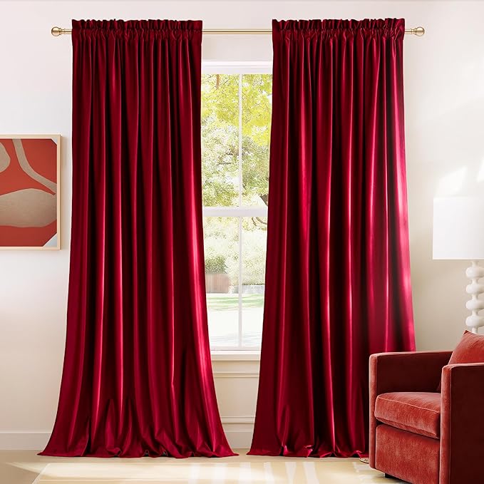NICETOWN Christmas Red Velvet Curtains 90 inches Long 2 Panels Set, Thermal