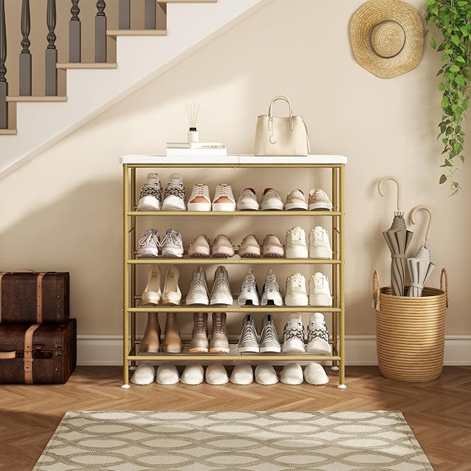Shoe Rack Organizer 5 Tier for Closet Entryway Free Standing Metal Storage Shoe Shelf with MDF Top Board，Gold