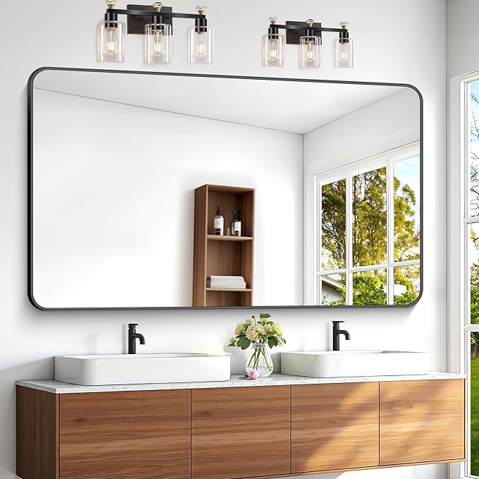 60x36 inch Large Bathroom Mirror,Black Rectangle Mirror,Wall Mounted Bathroom Frame Vanity Mirror with Round Corner for Bedroom Living Room, Entryway Hangs Horizontal or Vertical