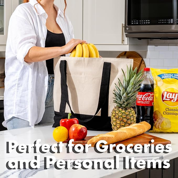 Carrywell (Not Made In China) Canvas Tote Bags with Zipper 3-Pack, 15" x 21", Heavy Duty Organic Cotton With Handles and Front Pocket, Reusable Shopping Totes