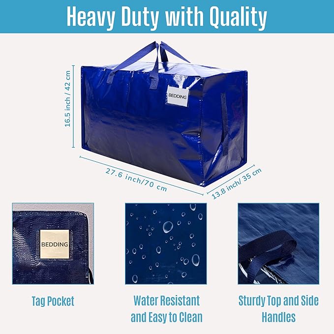 VENO 4 Pack Moving and Storage Bags, Heavy Duty, Alternative to Moving Boxes, Large Packing Totes Supplies for College Dorm Room with Zipper for Clothes, Wide Open Design (Blue, 4 Pack)