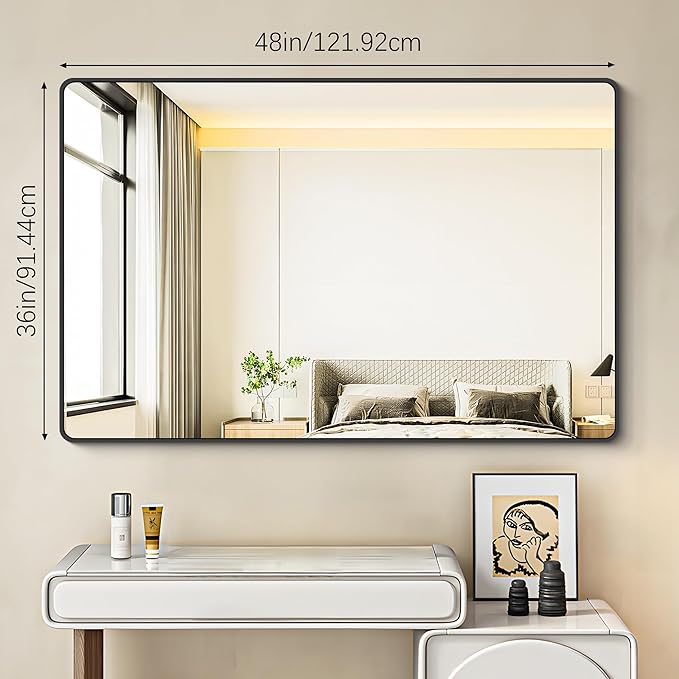 36x48 inch Bathroom Mirror,Black Rectangle Mirror,Wall Mounted Bathroom Frame Vanity Mirror with Round Corner for Bedroom Living Room, Entryway Hangs Horizontal or Vertical