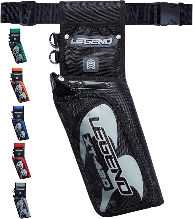 Legend XT420 Field Quiver - Left or Right-Handed Quiver Arrow Holder, Archery Quiver with 3 Arrow Tube, Durable Nylon Hip Quivers with Multiple Pockets for Archery Accessories, Score Card & Tools