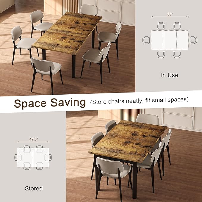 Extendable Dining Table for 4-6, 63" Modern Kitchen Table, Farmhouse Dining Room Tables for Dining, Kitchen, Office, Living Room, Rectangular Wooden Tables, Space Saving (Rustic Brown)