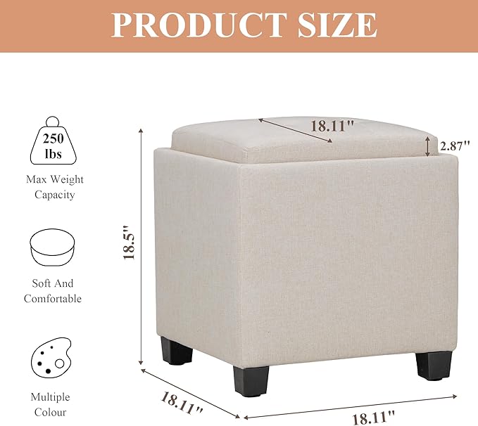 COLAMY Fabric Square Storage Ottoman with Reversible Tray Lid – Multi-Functional Footrest, Hidden Storage, Sturdy & Stylish Small Coffee Table for Living Room, Bedroom, or Entryway(Beige)