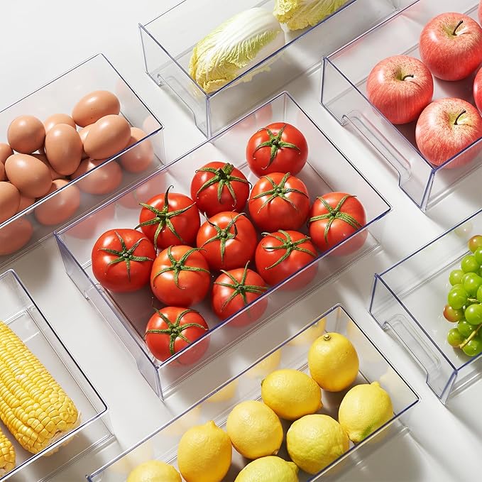 PeJeyiee 2 Pack Clear Stackable Refrigerator Organizers and Storage Drawers - Pull-Out Fridge Bins with Anti-Slip Base & Easy Clean, Plastic Organizers for Kitchen Pantry Cabinet Closet (Medium)
