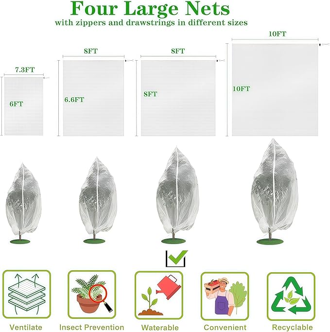 1 Pack 12.5×12.2Ft Extra Large Drawstring & Zipper Fruit Tree Netting Cover - Reusable Bird Netting for Blueberry Bushes, Anti-Cicada/Deer/Squirrel Large Plant Protection Net
