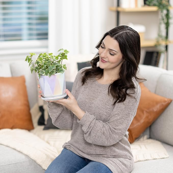 Coco Andrea Ceramic Plant Pots for Indoor Plants with Drainage & Saucers - 5-inch Iridescent White Planters for Houseplants, Succulents & Flowers - 2-Piece Housewarming Gift Set (2, Large)