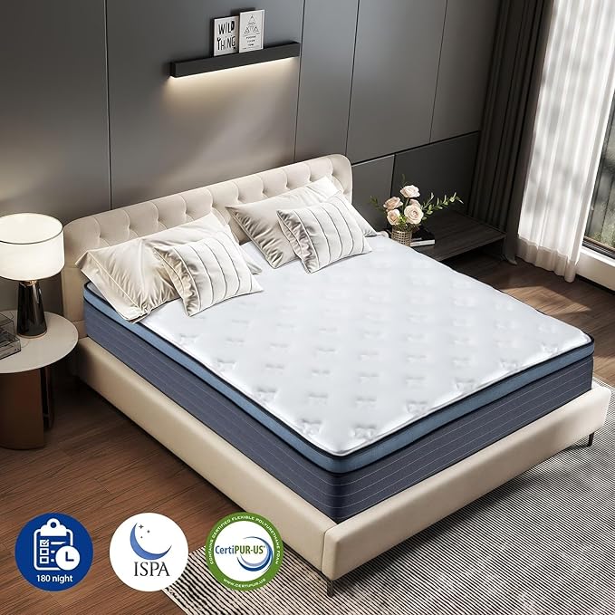 inight Queen Size Mattress 14 Inch, Queen Mattress in A Box for Comfort Night, Medium Firm Memory Foam Hybrid Mattress with Pocket Coils for Pressure Relief and Motion Isolation, 180 Night Trial
