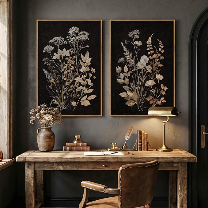 Large Framed Vintage Botanical Wall Art Set of 2, Neutral Farmhouse Moody