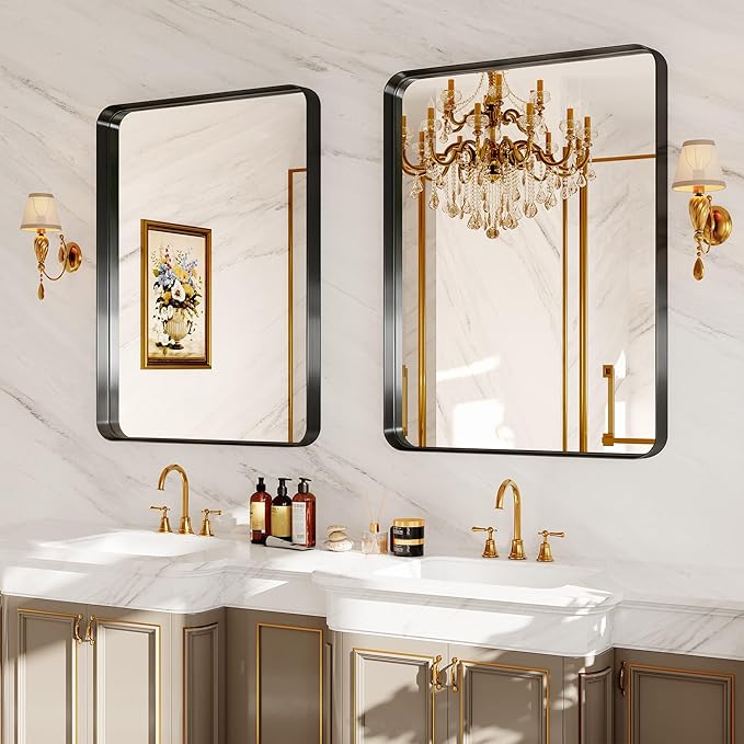 Matte Black Metal Framed Vanity Rounded Rectangle Bathroom 24X32 Inch Mirrors