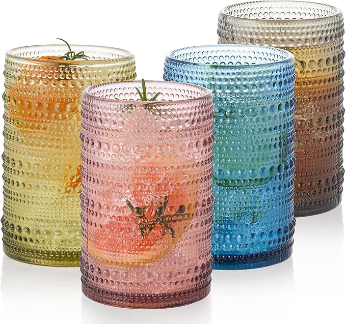 Vintage Glassware Set - 4pcs Multicolor 15.2oz Hobnail Drinking Glasses for Beer, Cocktail, Soda & Juice - Embossed Old Fashioned Glassware with Four Unique Colors