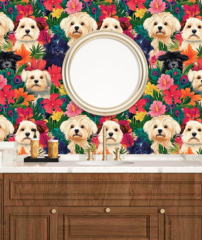 BOKEBEVE Colorful Wallpaper Peel and Stick Dogs Contact Paper Vibrant Bright