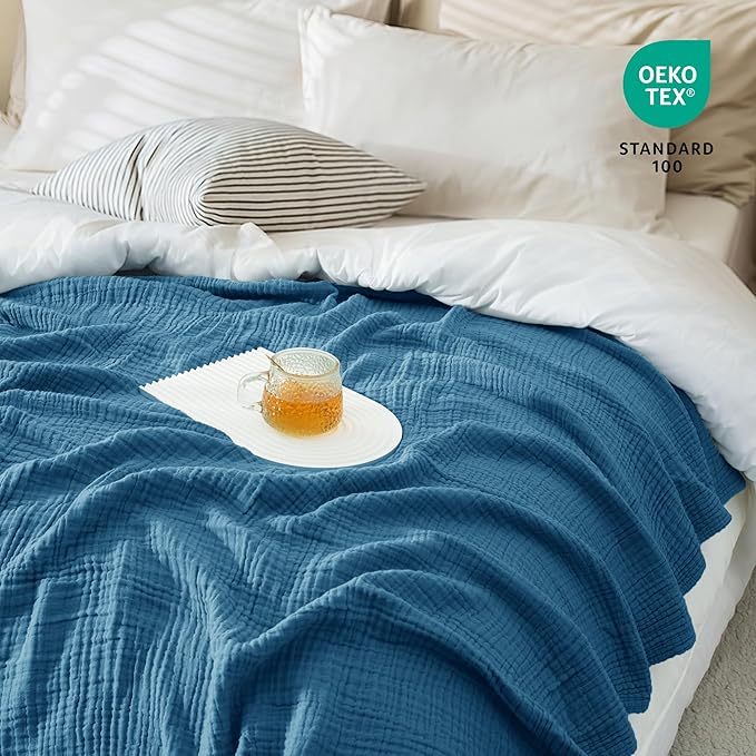 Carriediosa 100% Cotton Muslin Throw Blanket 66" X 90" Twin XL Size，4-Layers Summer Gauze Throws for Bed Couch，Soft Lightweight Breathable Linen Blankets Bedspread for Adults All Season，Dusty Blue