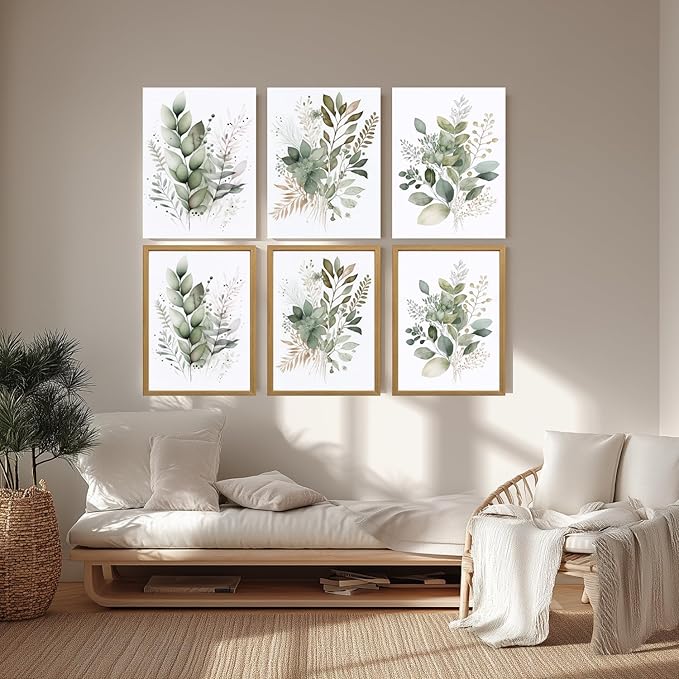 LLEEMPI Framed Sage Green Wall Art Set of 3, Modern Watercolor Botanical Wall