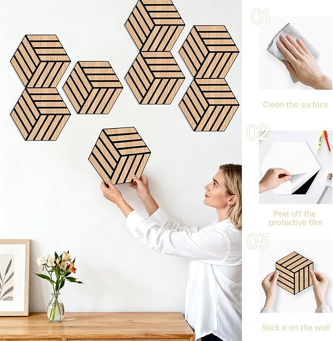 Mollywell Acoustic Panels, PVC Wood-Grain, 14x12 Inch Hexagon Carved Sound