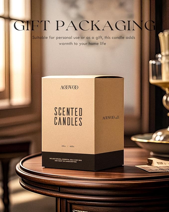 AOOVOO Scented Candles for Men - Large 22oz 120 Hours of Burn Time, Vintage Leather Candles for Home Scented | Crackling Wood Wick Soy Candle | Strong Fragranced Black Candle Gift for Women & Men