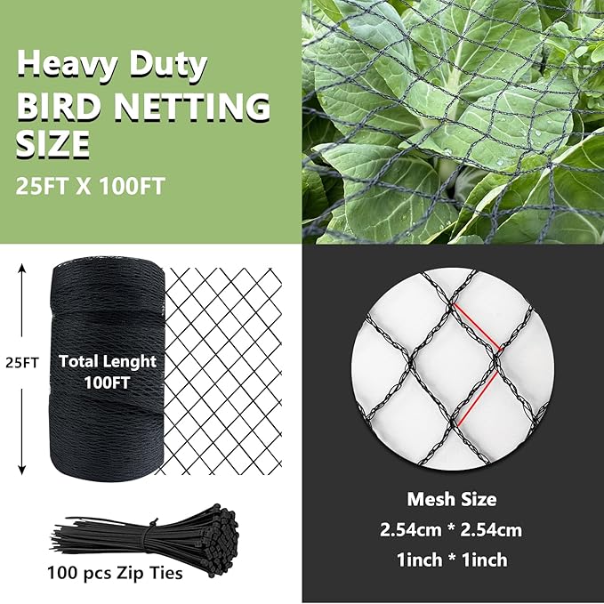 Bird Netting for Garden 25 x 100 FT Heavy Duty Black Garden Netting for Fruit Trees, Chicken Coop, Pond, Blueberry Bushes, Poultry & Deer Netting, HDPE Plant Protection Net Fence with Ties