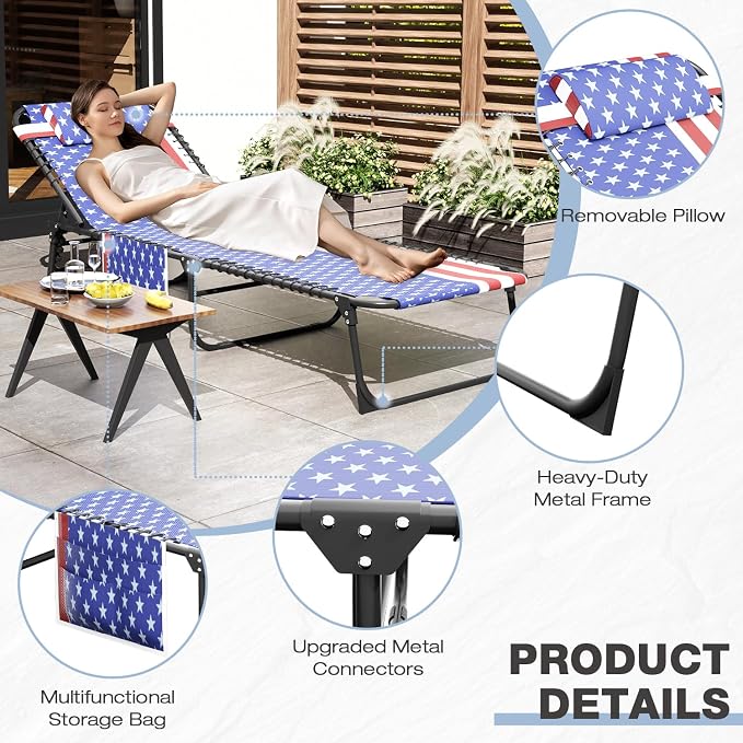 Outdoor Lounge Chair, Foldable Reclining Chaise Lounge with Detachable Pillow & Side Pocket, 4-Position Recliner Tanning Chair for Beach, Pool, Lawn, Backyard, Tricolor Stripe, 2 Packs