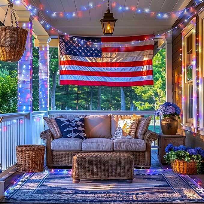 JMEXSUSS 400 LED Red White and Blue Lights Outdoor, 132FT 4th of July Lights Indoor, 8 Modes Patriotic String Light for Memorial Day Independence Day Decoration