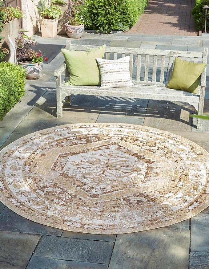 Unique Loom Outdoor Traditional Collection Area Rug - Valeria (5' 3" Round, Natural/ Ivory)
