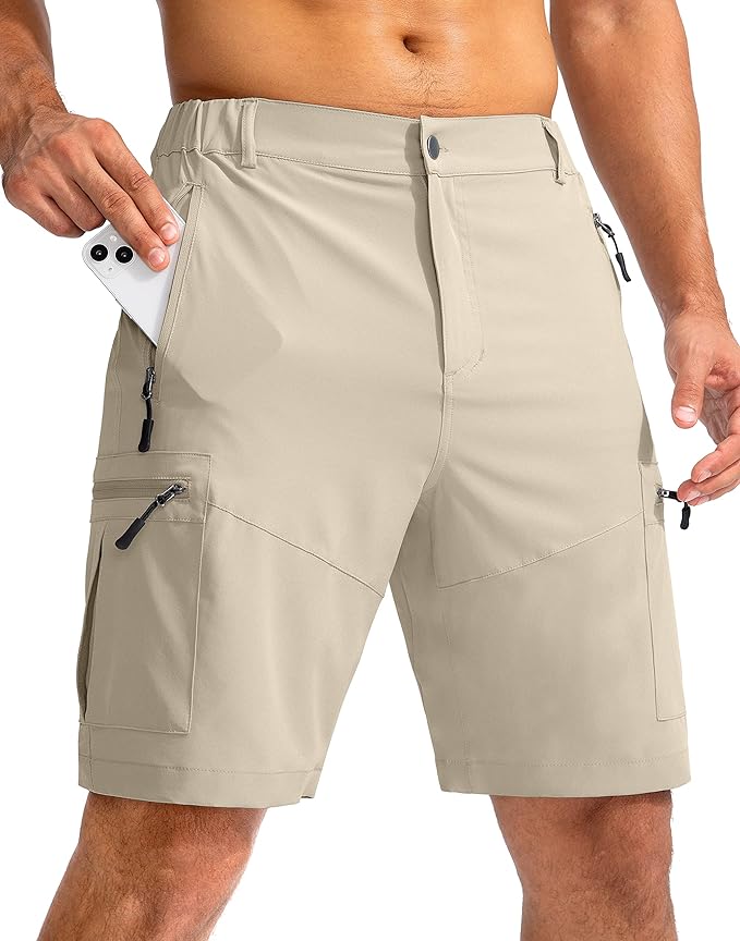 Pudolla Men's Hiking Cargo Shorts 9" Lightweight Outdoor Work Shorts for Men Travel Golf Camping Casual with 5 Zipper Pockets