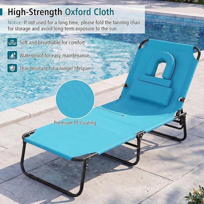 GYMAX Tanning Chair, 330lbs Beach Lounge Chair with Face Hole, Washable Pillow & Carry Strap, Adjustable Folding Chaise Lounge, Layout Lounger for Outside, Patio, Poolside, Lawn (2, Arctic)