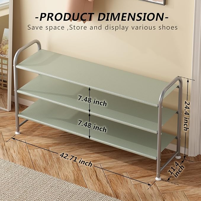 Shoe Rack 3 Tier Long Storage Organizer Wide Metal Shoe Shelf for Closet Entryway Grey