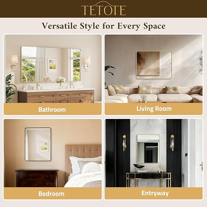 TETOTE Brushed Gold Bathroom Mirror, 24 x 32 Inch Metal Framed Mirror, Brushed