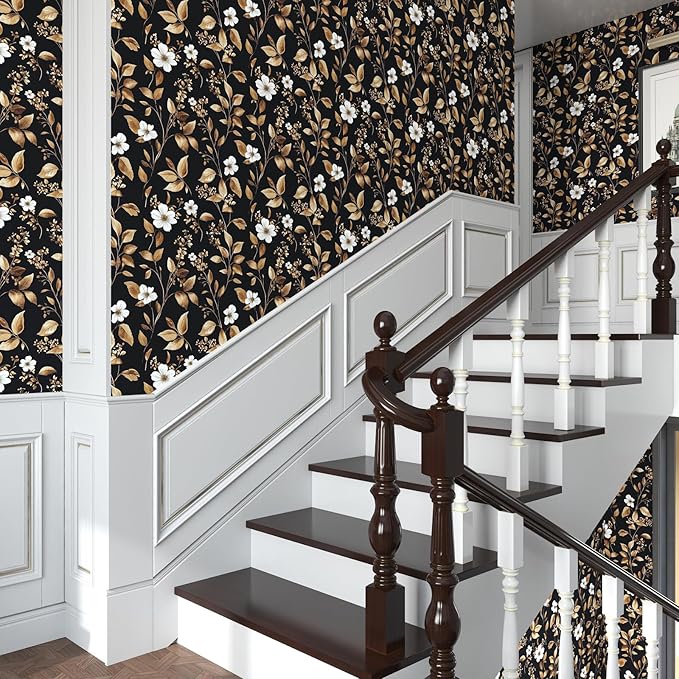 Extra Long Vintage Gold Wallpaper, 17.5" x 393" Classic Black and Gold Floral