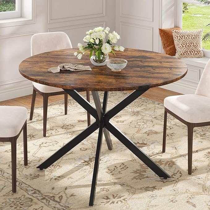 Unovivy 47" Round Dining Table for 4-6, Space Saving Circle Kitchen Dinner Table, Industrial Mid Century Modern Dining Room Desk for Kitchen, Apartment, Rustic Brown