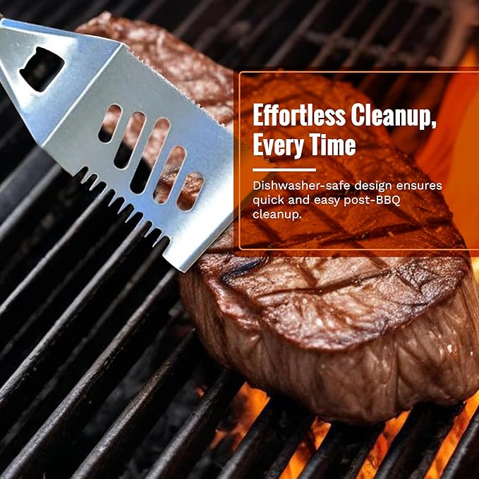 4-in-1 BBQ Spatula | Multifunctional Stainless Steel Grill Spatula with Polypropylene Handle, Serrated Edges, Bottle Opener | Perfect for BBQ grills, kebabs for Camping & Picnics