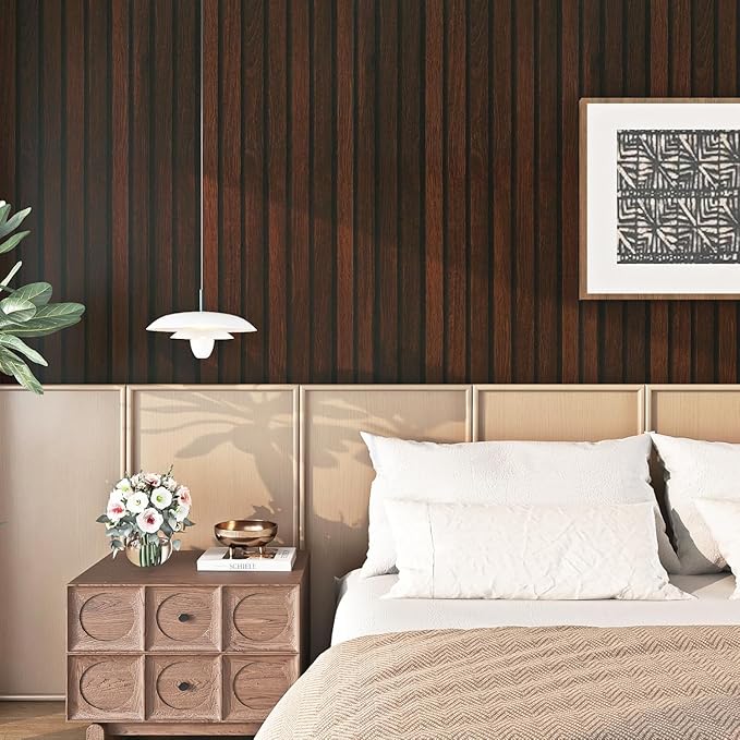 FunStick 24"x200" Slats Wood Wallpaper Peel and Stick Wall Paper Brown Walnut
