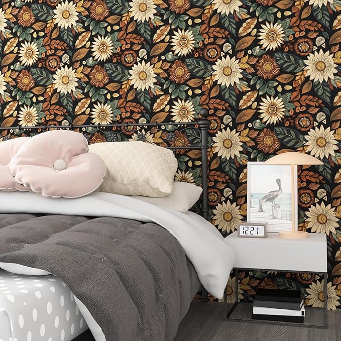 Boho Wallpaper Peel and Stick, Vintage Black Brown/Green Floral Contact Paper