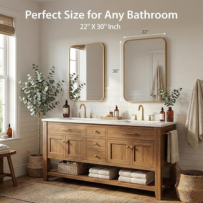 2-Pack 22x30 Inch Matte Gold Bathroom Vanity Mirrors | Flush Mount Deep Set