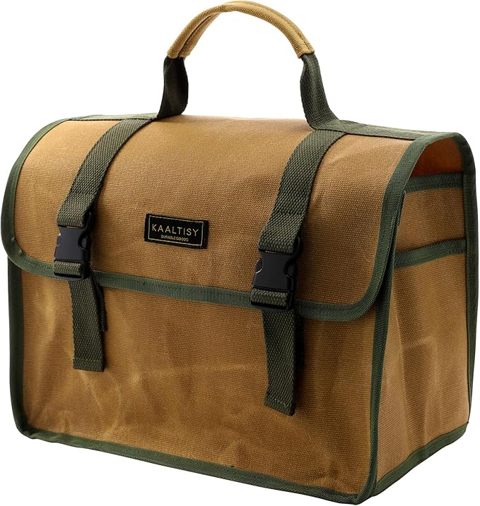 Tool Bag, Heavy Duty 16oz Waxed Canvas Tool Carrier, Multi-Purpose Tote Bag with 1 Large Capacity & 2 Side Pockets, Portable Tool Storage for Wrenches Chisels Scissors Hammer - Khaki