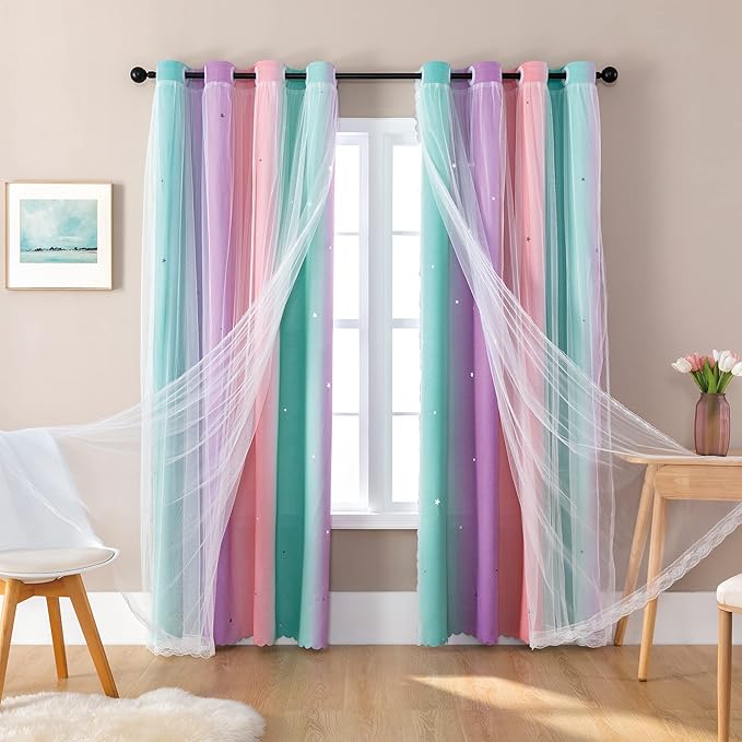 Blackout Curtains for Girls Room, Kids Bedroom 62 Inch Pink Rainbow Unicorn 1