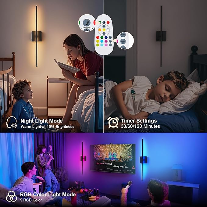 KARTOOSH 24.4 Inch 9 RGB Color Battery Operated Wireless Wall Sconces Set of Two