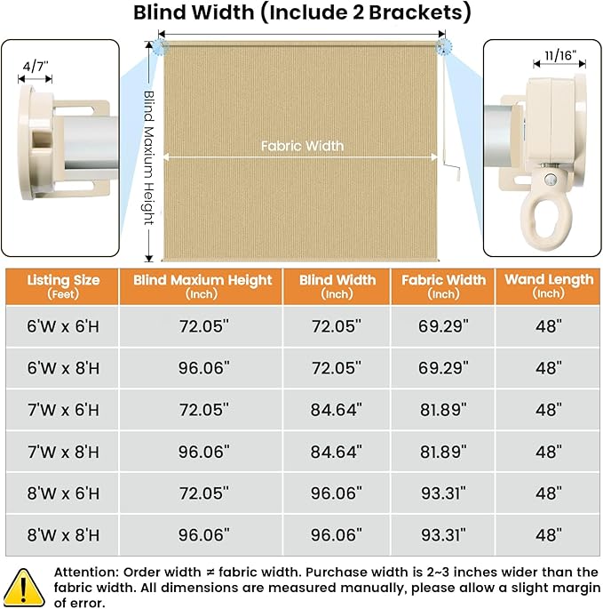 7'W x 8'H Sesame Patio Shades Roll up Outdoor Roller Shade Crank Wand Blind