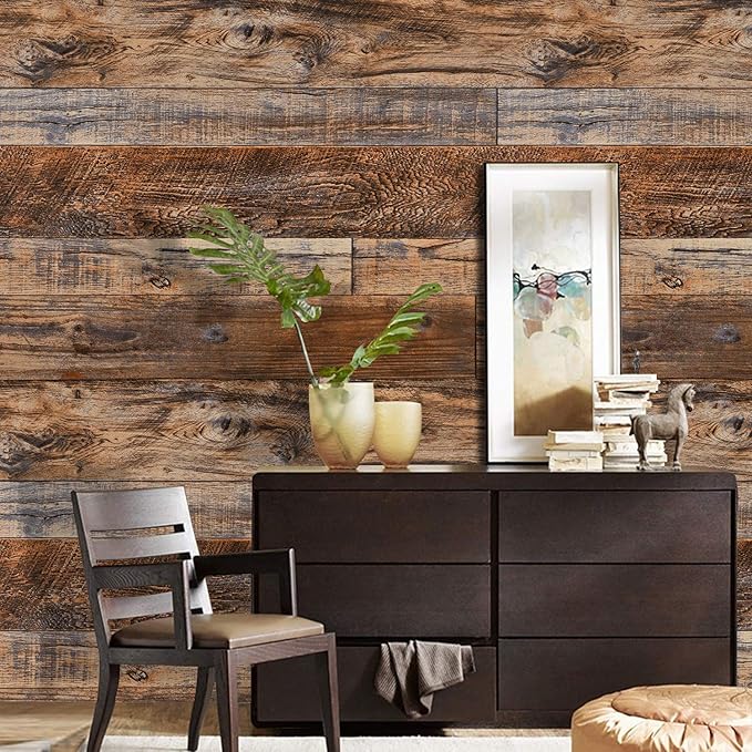 WENMER 17.71" x 78.7" Brown Wood Peel and Stick Wallpaper Shiplap Self Adhesive