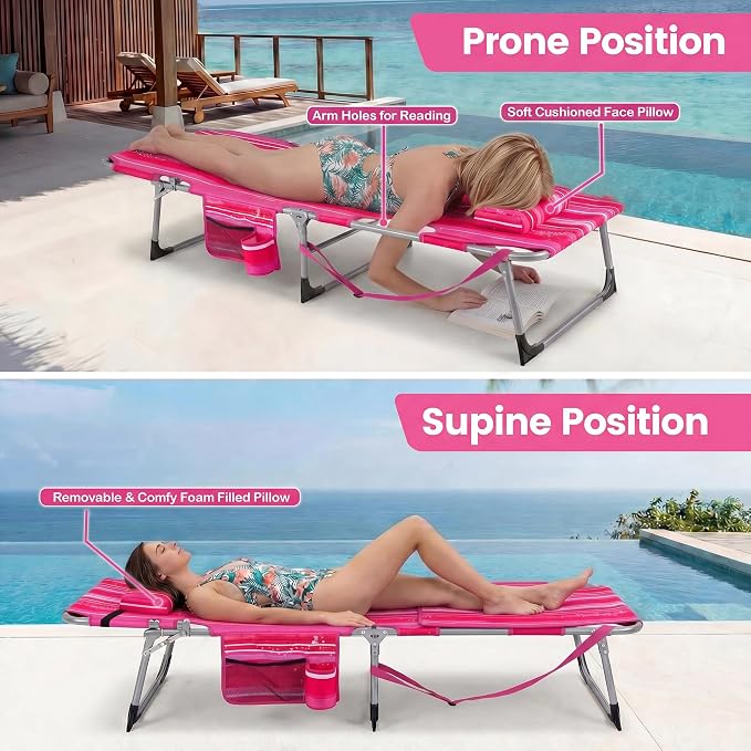 Giantex Set of 2 Tanning Chair, 5-Position Adjustable Beach Chair with Face & Arm Hole, Hand/Shoulder Strap, Removable Pillow, Side Pocket, Load 330 Lbs, Sunbathing Chairs, Lounge Chairs Outdoor